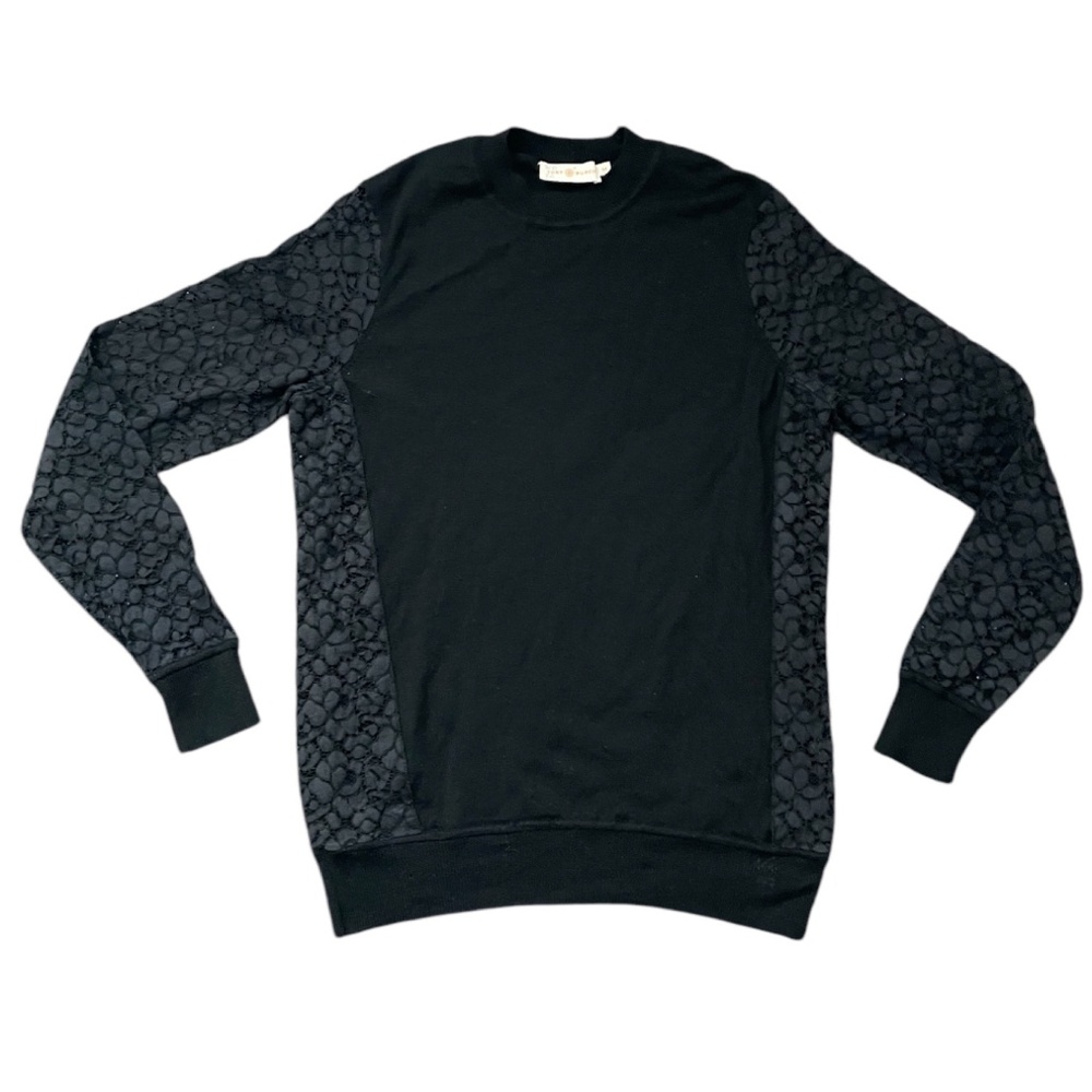 Tory Burch Black Merino Wool Blend Sweater with Lace Sleeves Size XS